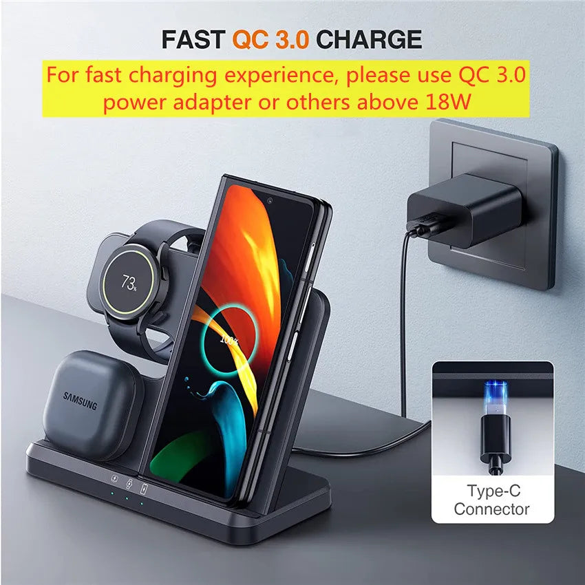 3-in-1 Wireless Charger Stand for Samsung S23/S22/S21/S20 Ultra, Note, Galaxy Watch 5/4, Buds – 15W Fast Charging Dock Station with Type-C Port & Indicator