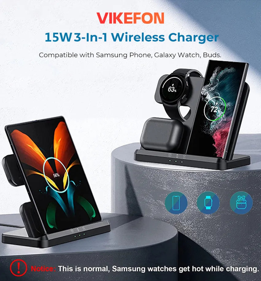 3-in-1 Wireless Charger Stand for Samsung S23/S22/S21/S20 Ultra, Note, Galaxy Watch 5/4, Buds – 15W Fast Charging Dock Station with Type-C Port & Indicator