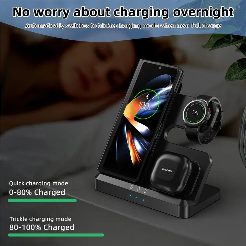 100W 3-in-1 Fast Wireless Charger Stand for Samsung Fold 4/3, S22 Ultra, Galaxy Watch 5/4/3, Buds – Type-C Dock Station with Cooling Fan & Indicator