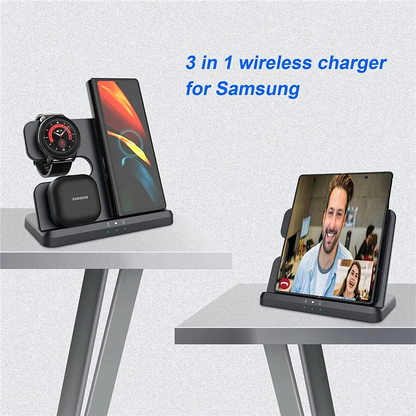 3-in-1 Wireless Charger Stand for Samsung S23/S22/S21/S20 Ultra, Note, Galaxy Watch 5/4, Buds – 15W Fast Charging Dock Station with Type-C Port & Indicator