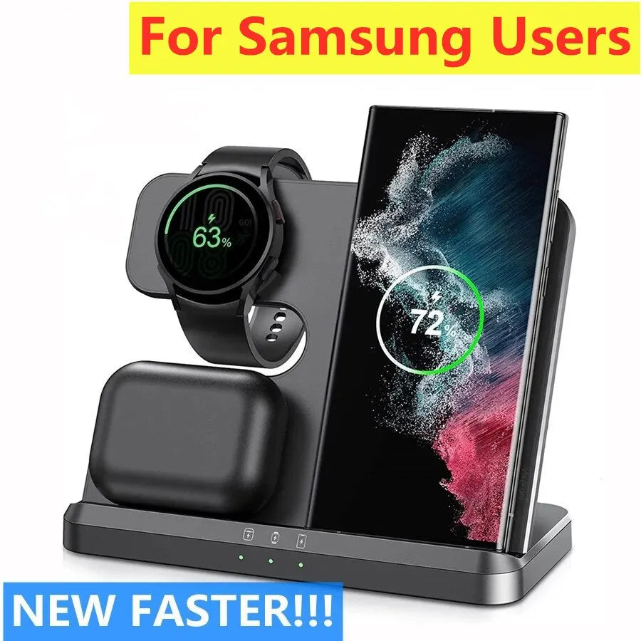 3-in-1 Wireless Charger Stand for Samsung S23/S22/S21/S20 Ultra, Note, Galaxy Watch 5/4, Buds – 15W Fast Charging Dock Station with Type-C Port & Indicator