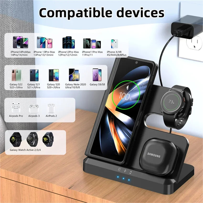 100W 3-in-1 Fast Wireless Charger Stand for Samsung Fold 4/3, S22 Ultra, Galaxy Watch 5/4/3, Buds – Type-C Dock Station with Cooling Fan & Indicator