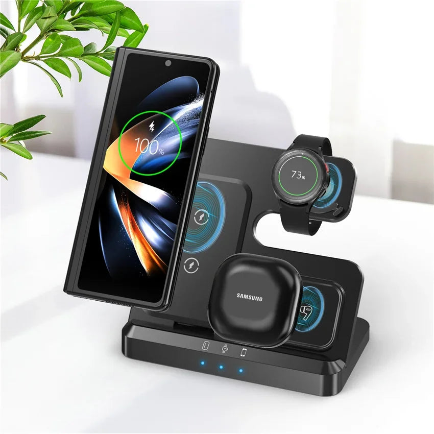 100W 3-in-1 Fast Wireless Charger Stand for Samsung Fold 4/3, S22 Ultra, Galaxy Watch 5/4/3, Buds – Type-C Dock Station with Cooling Fan & Indicator