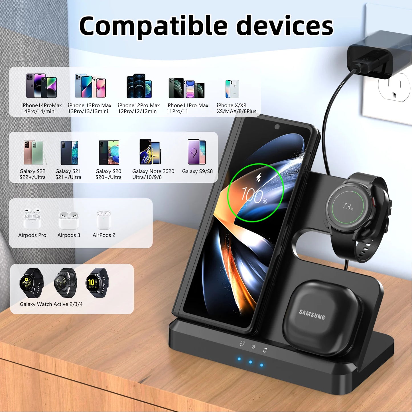 3-in-1 Wireless Charger Stand for Samsung S23/S22/S21/S20 Ultra, Note, Galaxy Watch 5/4, Buds – 15W Fast Charging Dock Station with Type-C Port & Indicator