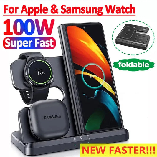 100W 3-in-1 Fast Wireless Charger Stand for Samsung Fold 4/3, S22 Ultra, Galaxy Watch 5/4/3, Buds – Type-C Dock Station with Cooling Fan & Indicator